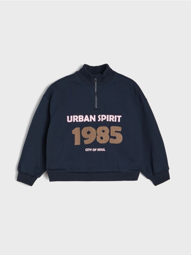 Sinsay - Bluză din bumbac half-zip cu inscripție - bleumarin