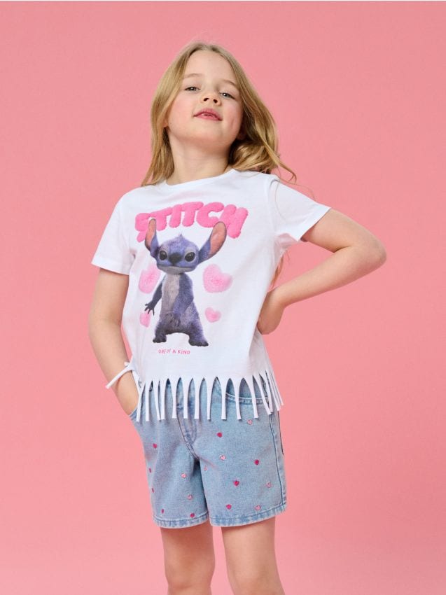 Sinsay - Tricou din bumbac cu franjuri Lilo & Stitch - alb