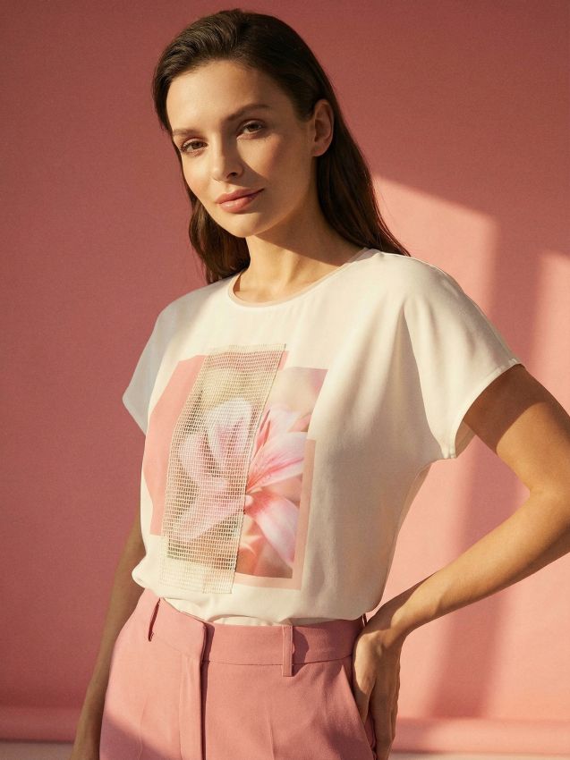 Sinsay - Tricou din bumbac cu imprimeu - crem