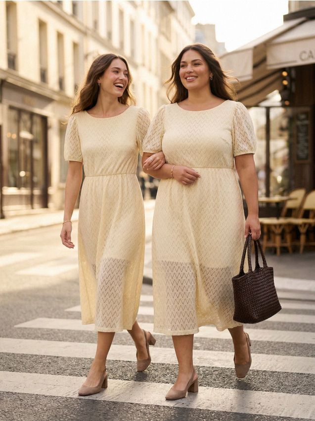 Sinsay - Rochie midi tricotată cu model ajurat și fir metalizat - nude