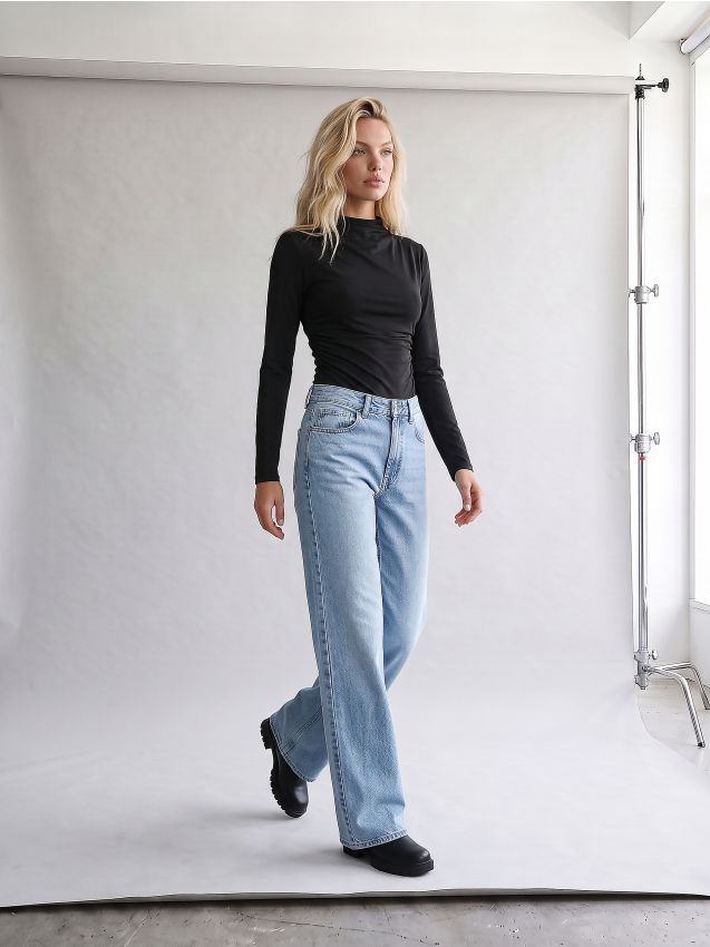 Sinsay - Pantaloni din denim wide straight leg cu efect prespălat - albastru