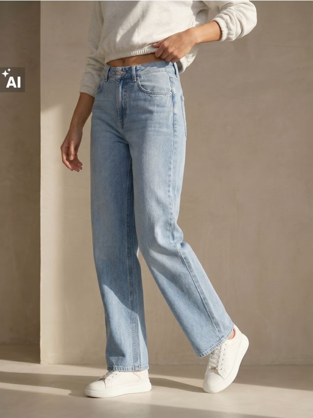 Sinsay - Pantaloni din denim wide straight leg cu efect prespălat - albastru