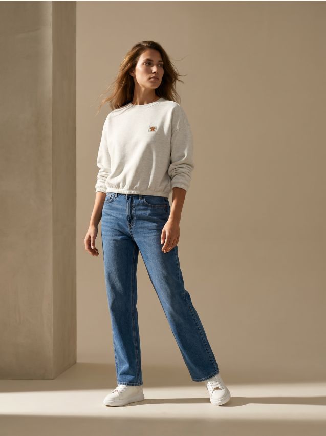 Sinsay - Pantaloni din denim wide straight leg cu efect prespălat - bleumarin
