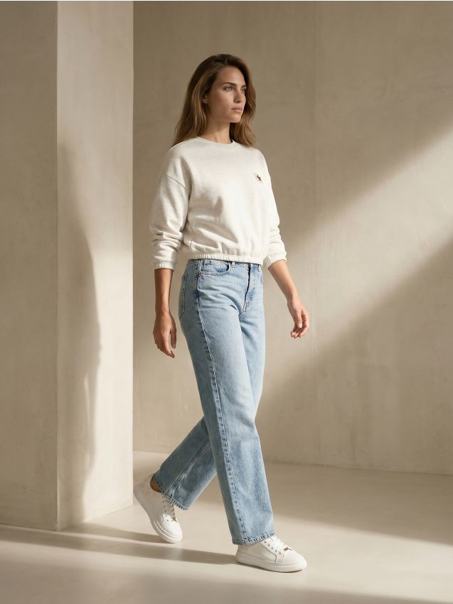Sinsay - Pantaloni din denim wide straight leg cu efect prespălat - turcoaz