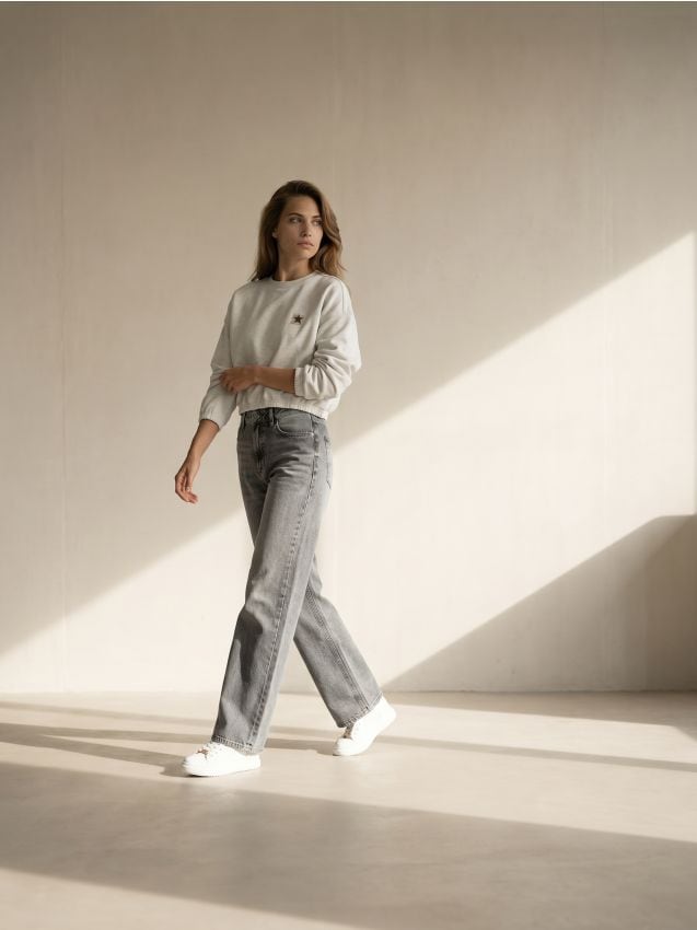 Sinsay - Spodnie jeansowe wide straight leg z efektem sprania - szary