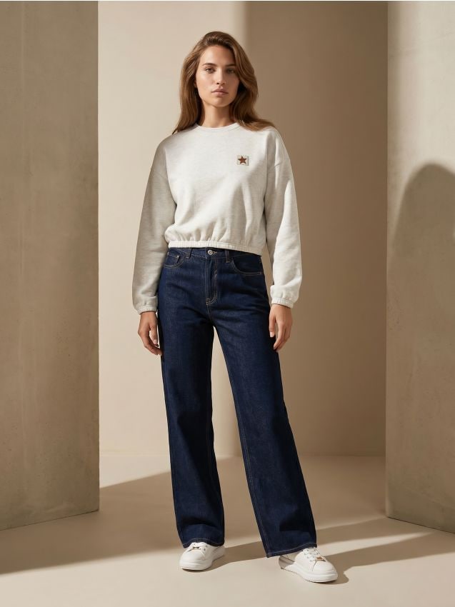 Sinsay - Blugi din bumbac cu croială wide straight leg - albastru metalizat