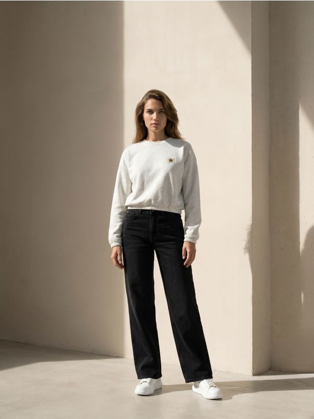 Sinsay - Spodnie jeansowe wide straight leg z efektem sprania - czarny