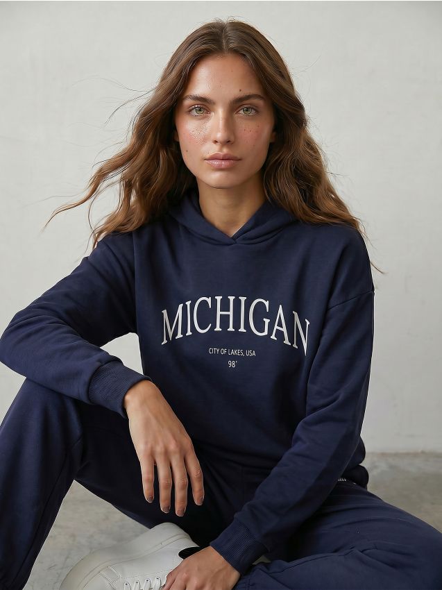 Sinsay - Bluza hoodie z napisem Michigan - granatowy