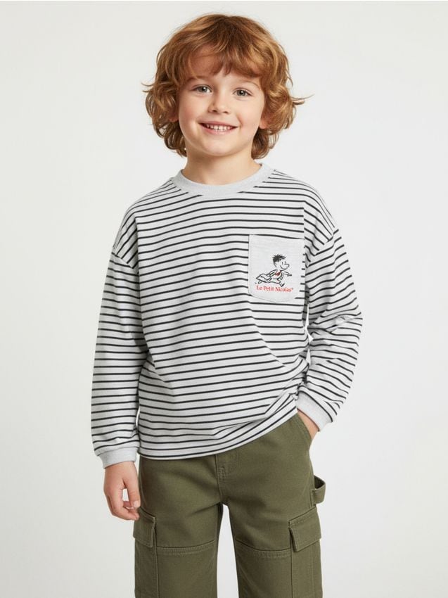 Sinsay - Hanorac din bumbac în dungi Le Petit Nicolas - gri deschis