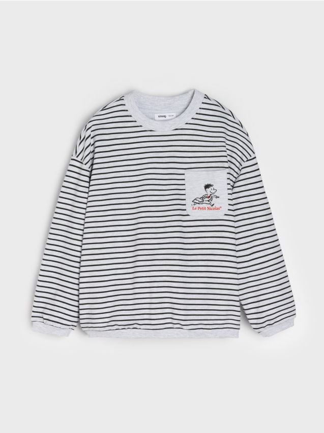 Sinsay - Bavlnená pruhovaná mikina Le Petit Nicolas - svetlošedá