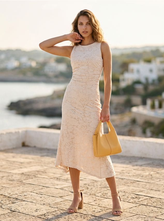 Sinsay - Rochie midi cu fronseuri și model floral texturat - nude