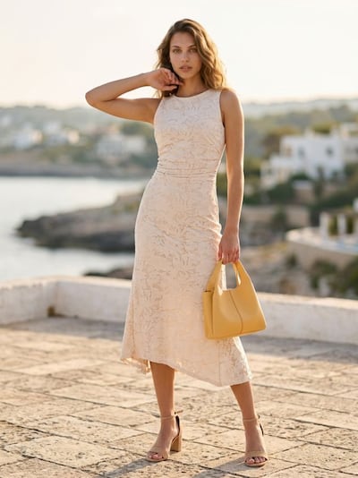 Миди рокля с набирания и структуриран флорален мотив