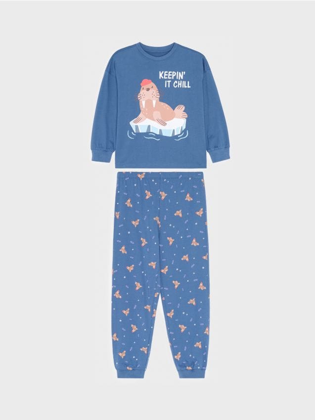Sinsay - Pijama din bumbac din două piese cu model cu morse - bleumarin