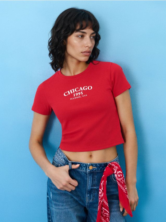 Sinsay - Tricou reiat cu mesaj - roșu