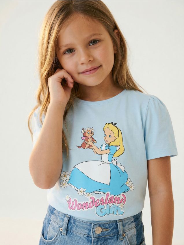 Sinsay - Tricou din bumbac cu imprimeu Alice in Wonderland - albastru-pal