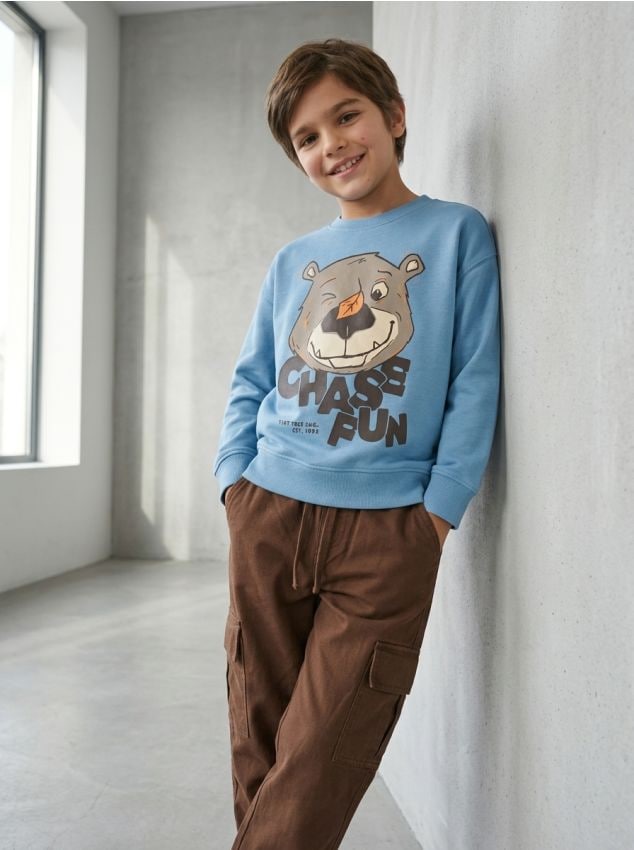 Sinsay - Hanorac crewneck cu imprimeu ursuleț din fleece - light blue