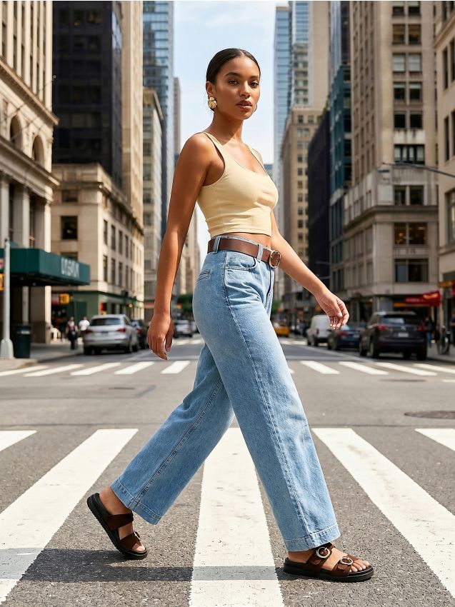 Jeans wide leg con cintura - blu