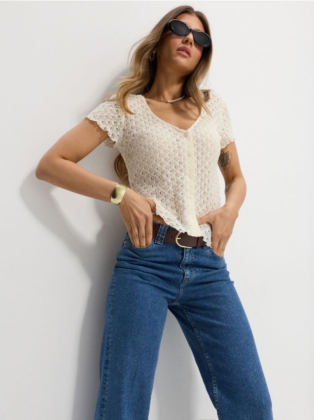 Sinsay - Blugi wide leg cu curea - albastru