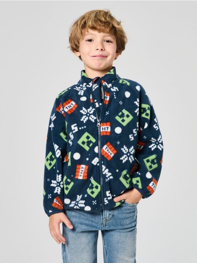 Sinsay - Rozopínacia flísová mikina so stojačikom Minecraft - tmavomodrá