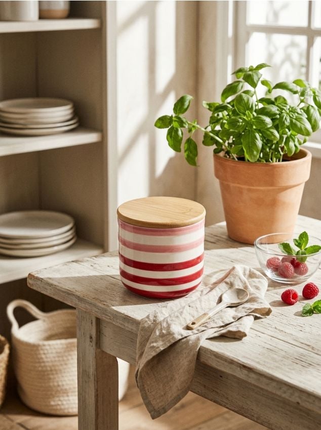 Sinsay - Recipient ceramic pentru alimente cu capac din bambus - roz-pastel