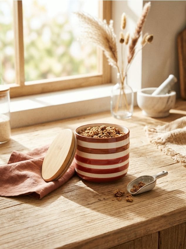 Sinsay - Recipient ceramic pentru alimente cu capac din bambus - roșu