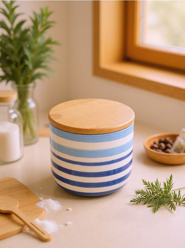 Sinsay - Recipient ceramic pentru alimente cu capac din bambus - albastru-cobalt