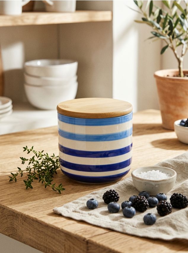 Sinsay - Recipient ceramic pentru alimente cu capac din bambus - albastru-cobalt