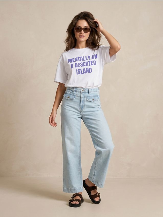 Sinsay - Jeans straight wide leg cu talie medie - albastru