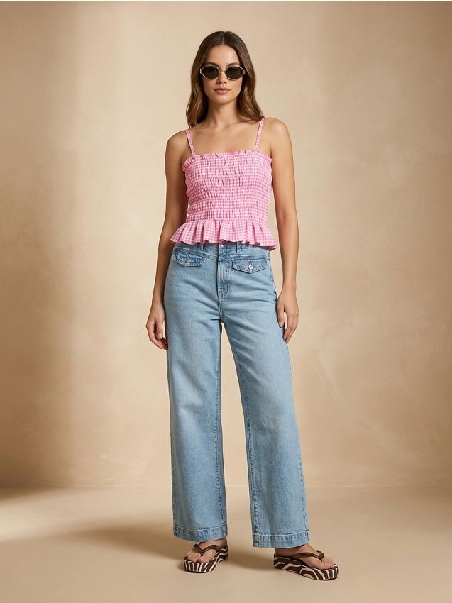Sinsay - Jeans straight wide leg cu talie medie - albastru