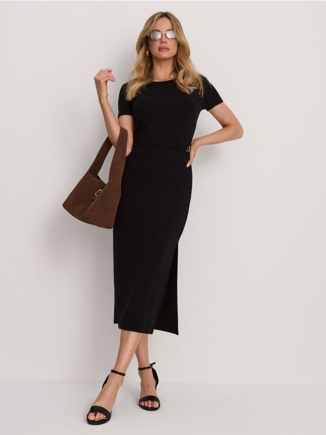 Sinsay - Rochie midi tricotată cu curea decorativă cu vâscoză - negru