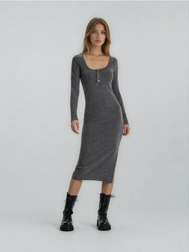 Sinsay - Rochie midi cu nasturi la decolteu - gri-închis