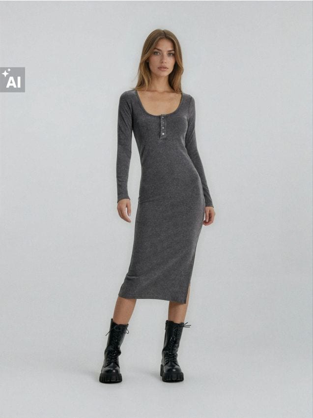 Sinsay - Rochie midi cu nasturi la decolteu - gri-închis