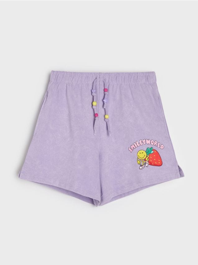 Sinsay - Pantaloni scurți tip trening cu imprimeu și șnur decorativ SmileyWorld® - lavand
