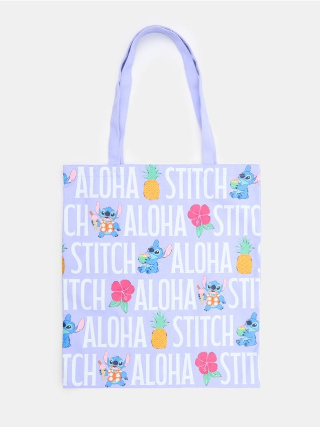 Sinsay - Geantă shopper din material textil cu imprimeu Stitch - albastru-pal