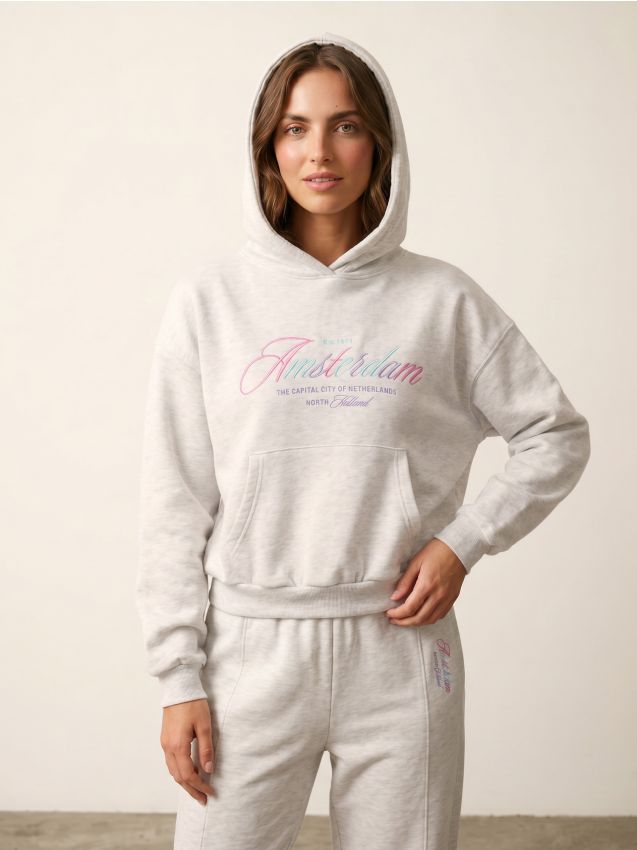 Sinsay - Bluza hoodie z haftowanym napisem - szary