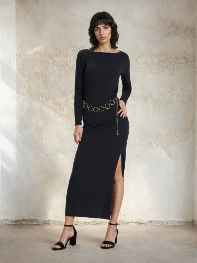 Sinsay - Rochie maxi tricotată cu curea cu inele - albastru metalizat