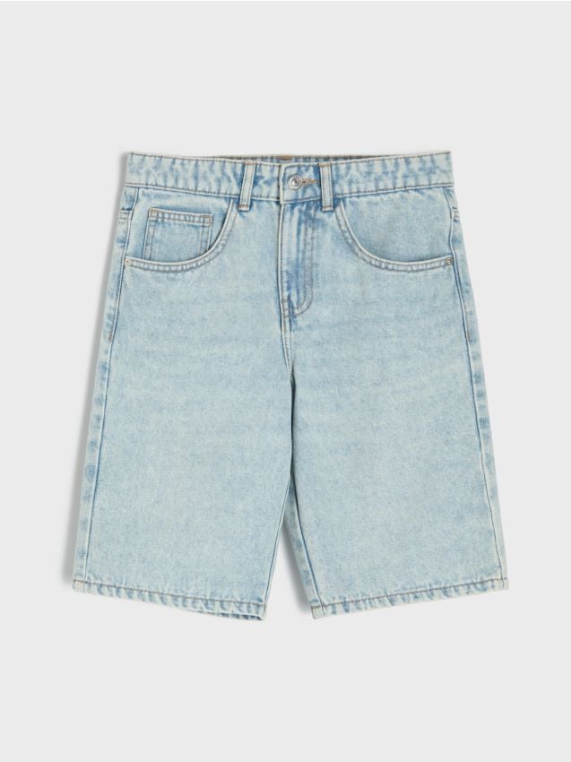 Sinsay - Szorty jeansowe straight z efektem sprania - niebieski