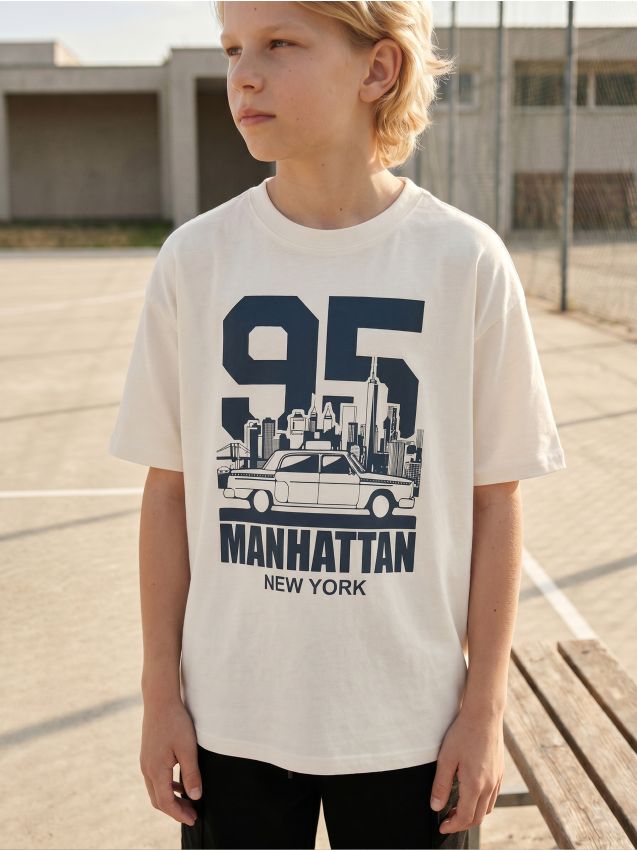 Sinsay - Tricou din bumbac cu inscripție Manhattan - crem