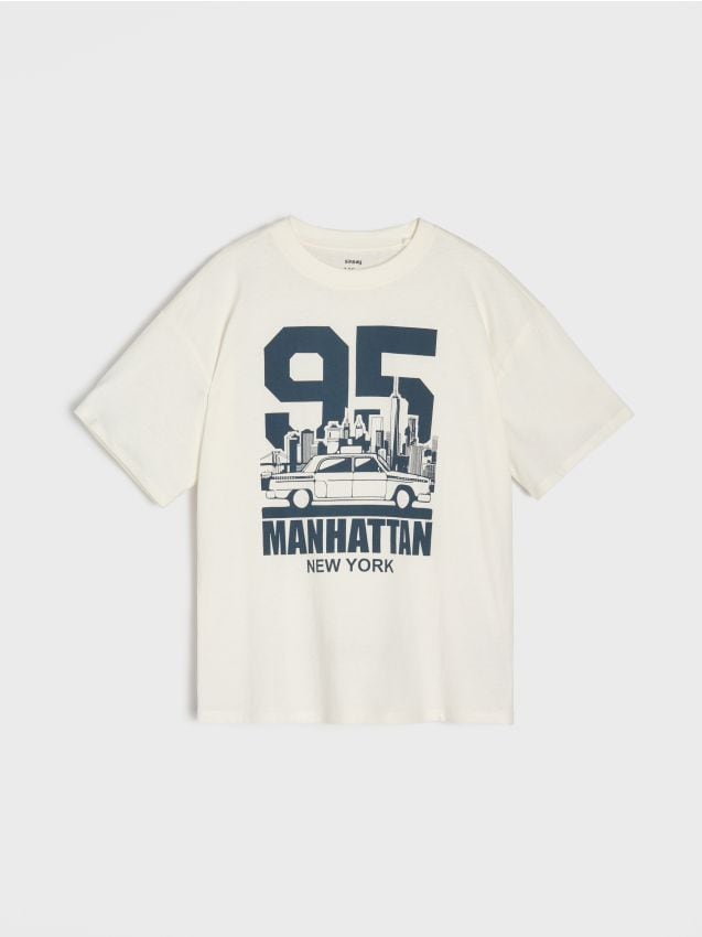 Sinsay - Tricou din bumbac cu inscripție Manhattan - crem