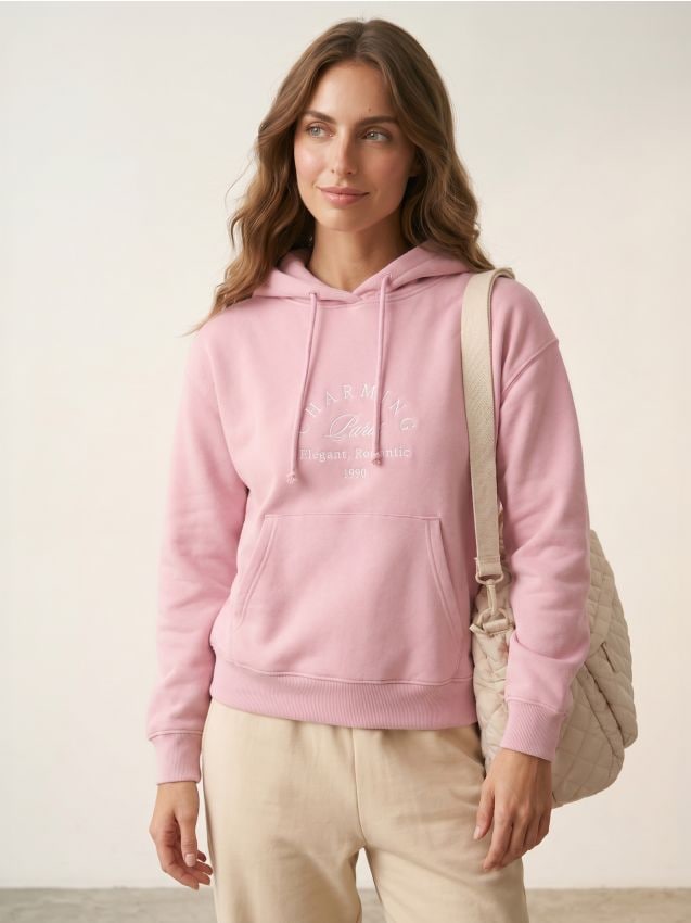 Sinsay - Dresowa bluza hoodie z kieszenią i haftowanym napisem - różowy