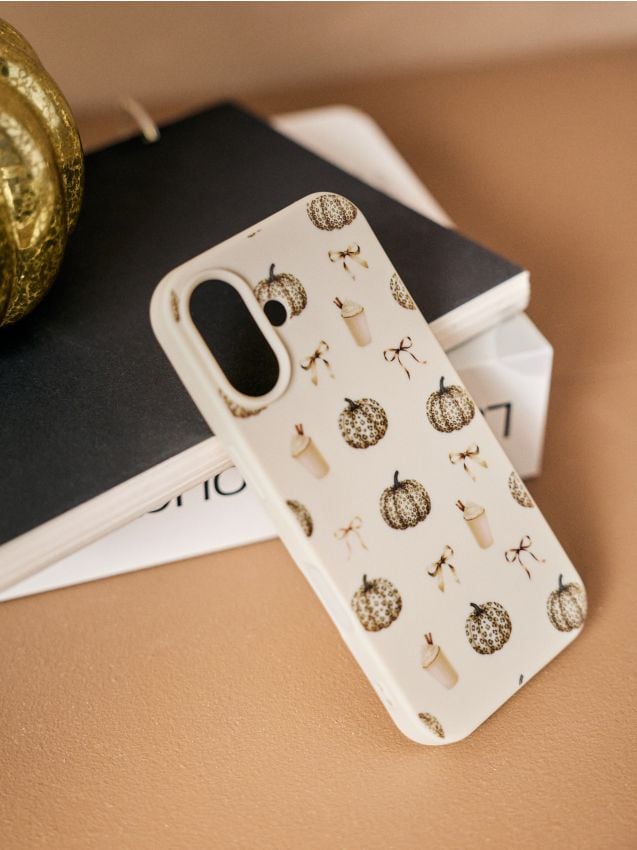Sinsay - Husă pentru iPhone 16 cu motiv de dovleac cu imprimeu leopard și accesorii de toamnă - nude