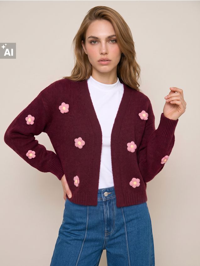 Sinsay - Cardigan cu amestec de lână și aplicații florale - violet-orhidee