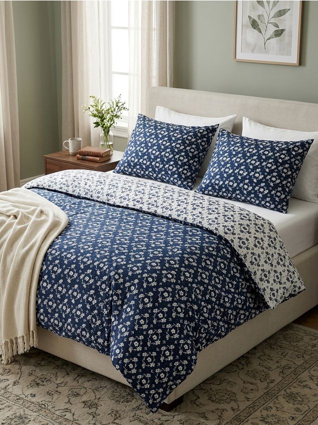 Sinsay - Set de lenjerie de pat reversibil din microfibră cu motiv floral - bleumarin
