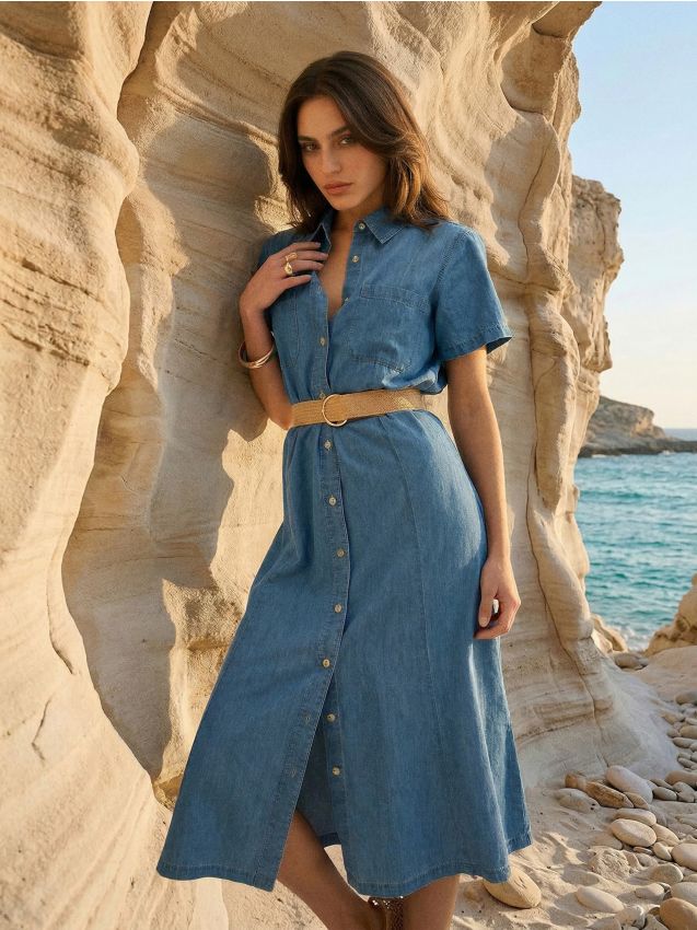 Sinsay - Rochie midi din denim cu curea din material textil - albastru