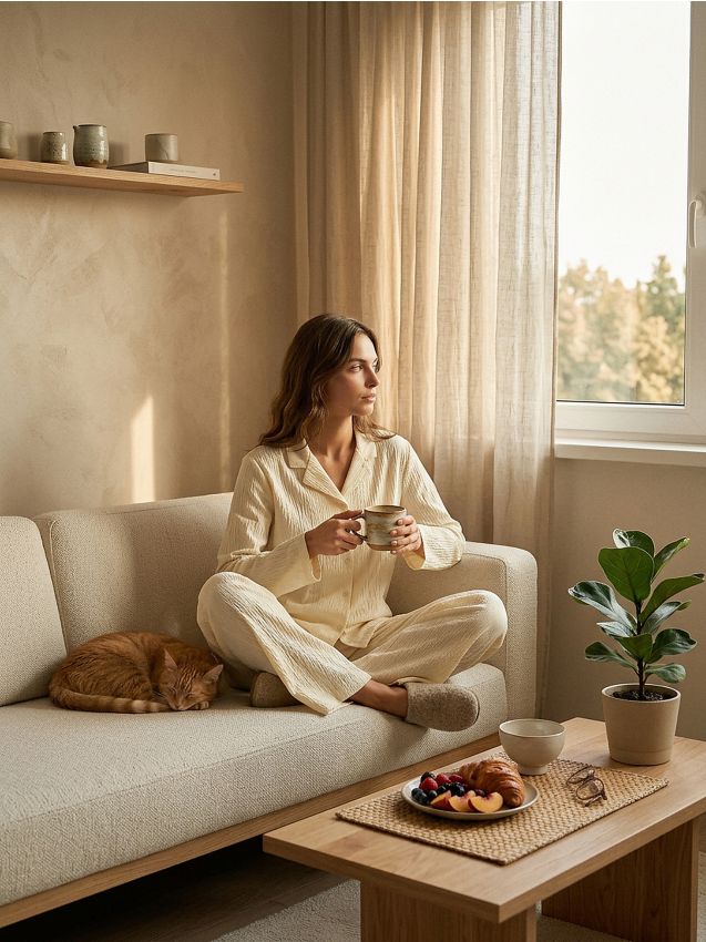 Sinsay - Pijamă din două piese, uni - crem