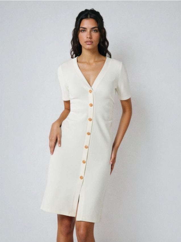 Sinsay - Rochie mini cu fronseu în talie și nasturi decorativi - crem