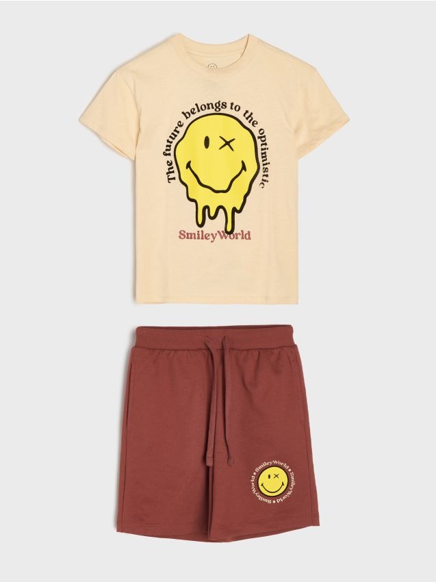 Sinsay - Compleu cu tricou și pantaloni scurți SmileyWord - bordo