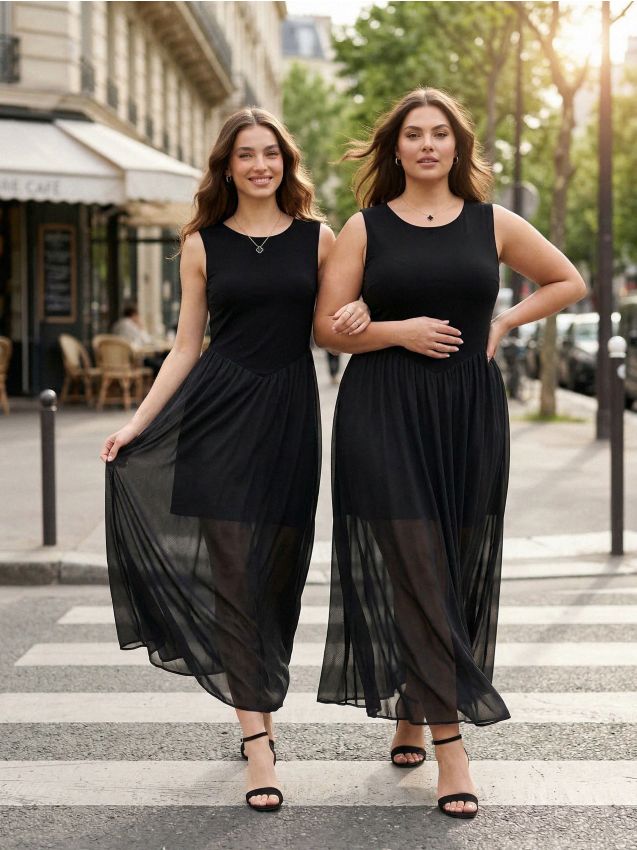 Sinsay - Sukienka midi z tiulową spódnicą - czarny