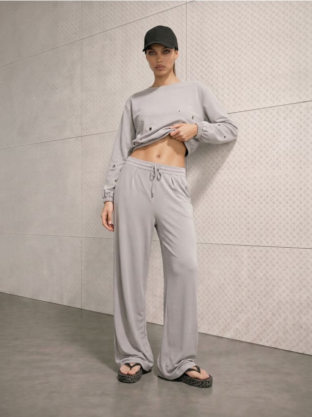 Sinsay - Pantaloni wide leg cu modal - gri deschis