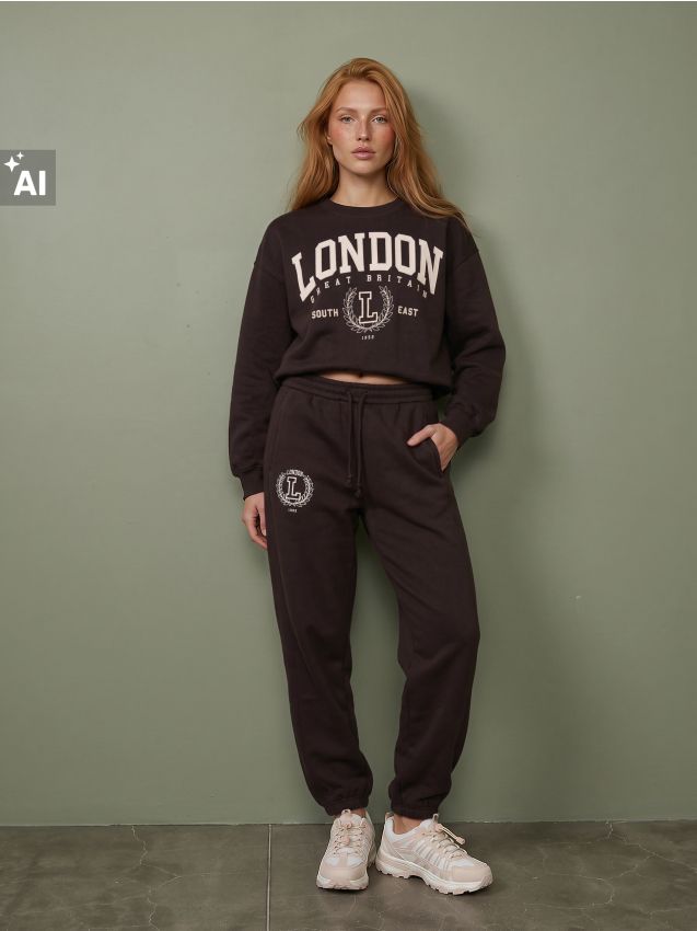 Sinsay - Bluză crewneck cu inscripție London - maro-închis